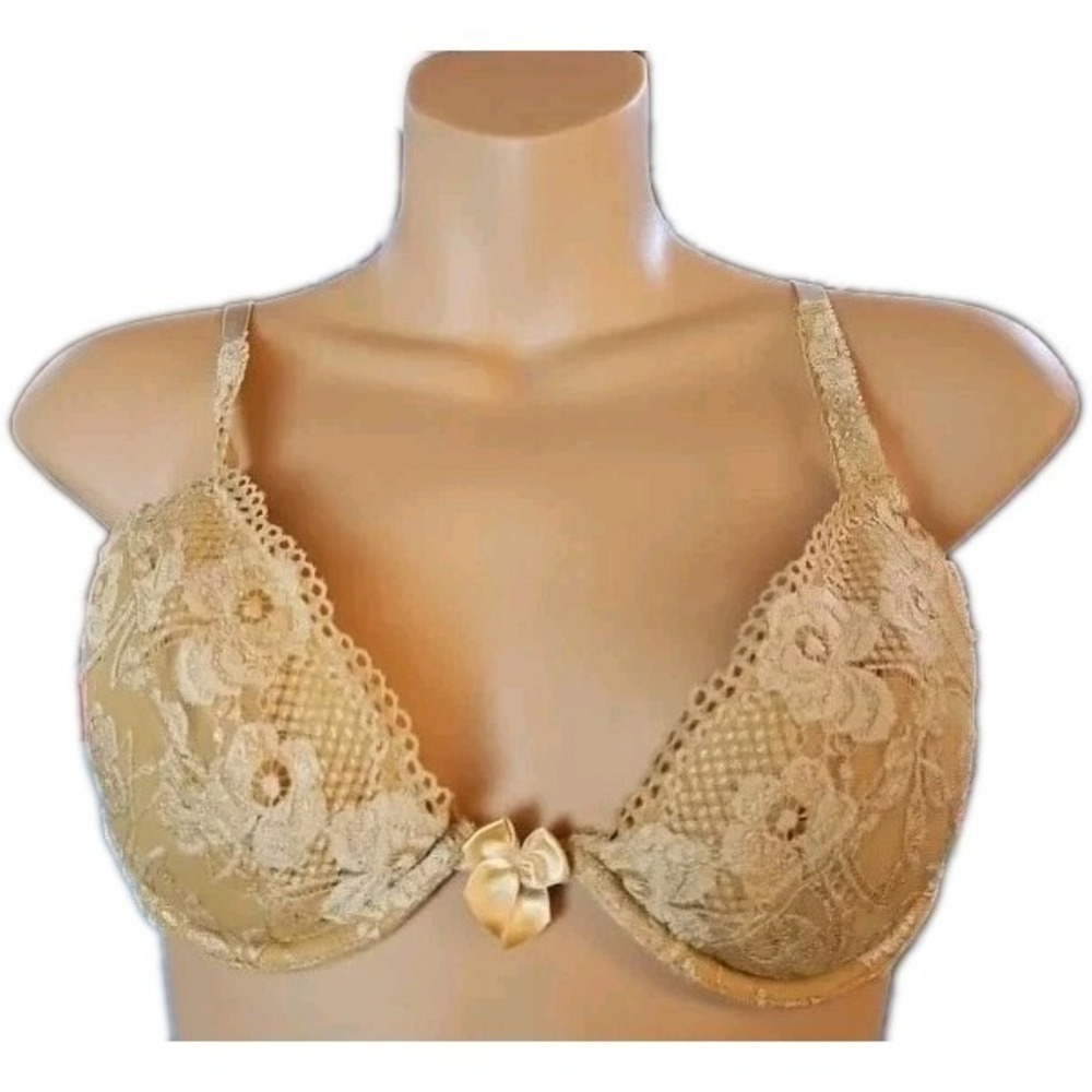Vintage 34B Delicates Ego Boost Padded Push Up Bra Shimmer Gold&Lace W/inserts